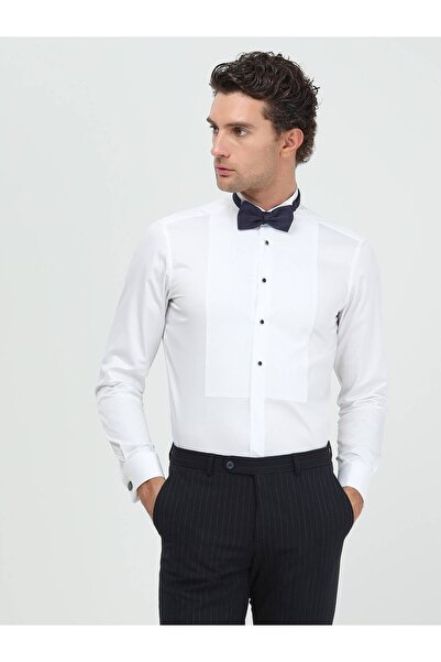 Kip White Plain Slim Fit Double Cuff Wing Collar Tuxedo Shirts