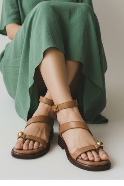Bulldozer B261802 Genuine Leather Women's Comfortable Tan Color Flip-Flop Gladiator Sandals