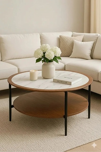 N.zone طاولة مركزية بيضاء مع سطح من الرخام وطاولة قهوة دائرية من خشب الجوز مع...