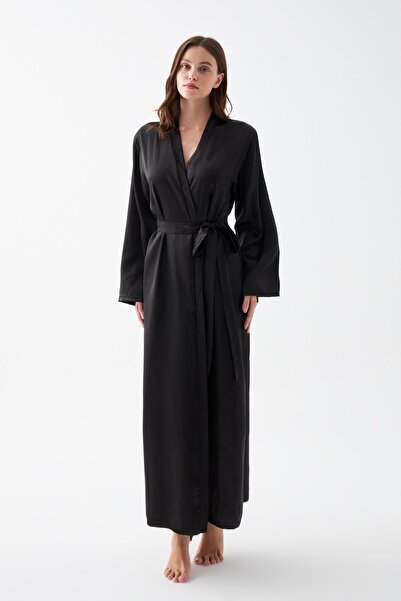 Akbeniz Women's Long Black Satin Dressing Gown