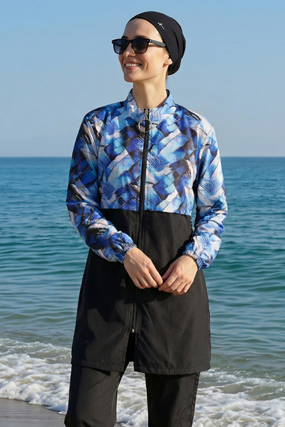 armonika 3-Piece Set Burkini Hijab Swimsuit with Patterned Top, High Collar, ...