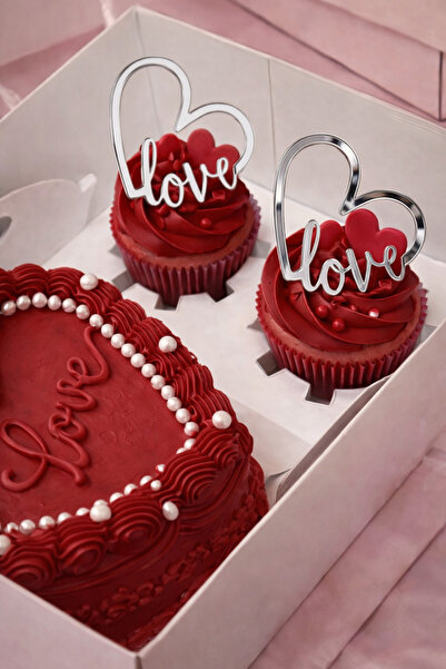 Ege Concept Life Love Yazılı Kalp Cupcake Pasta Süsü 5x5 - Gümüş Pleksi Parti...