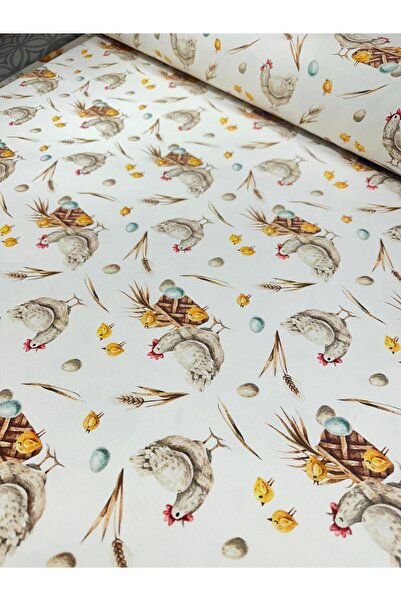EDA HOME TEKSTİL Tavuk Desenli Duck Bezi Keten Kumaş 1 Metre (100x180cm)