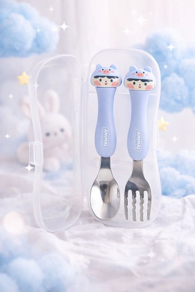 CEZVE HOME ملعقة وشوكة معدنية ذات طرف مدبب مع شكل طفل |   ملعقة طعام |   مجمو...