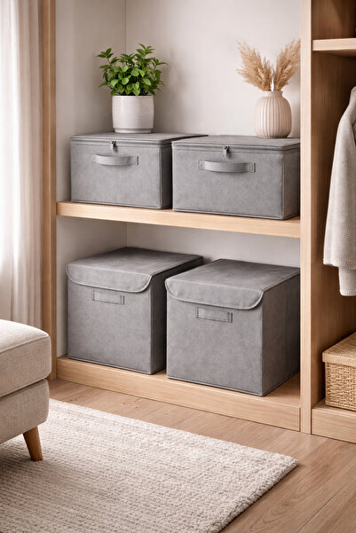 PH Prendi Home 4-Piece Luxury Set: 2 Boxes with Lids and 2 Gray Storage Organ...