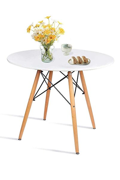 Mas Round Side Table with Solid Wood Legs and Edges for Coffee or Dining