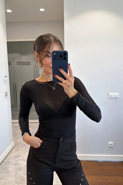 luna miratto collection Women's Boat Neck Black Transparent Blouse Modal Ultr...