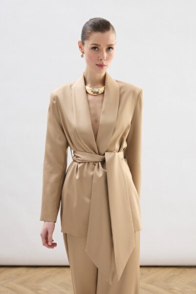Sateen Belted Satin Jacket - Camel