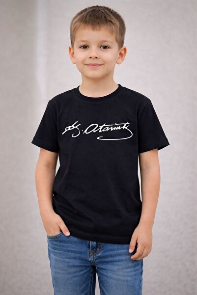 kidszone Unisex Kemal Atatürk Imzalı Kabartma Baskılı T-shirt