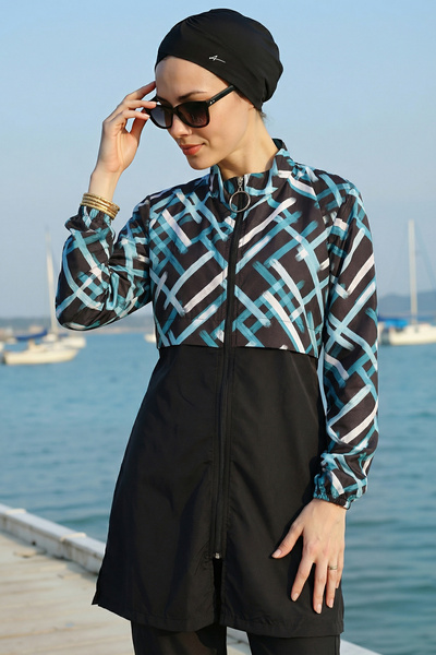 armonika 3-Piece Set Burkini Hijab Swimsuit with Patterned Top, High Collar, ...