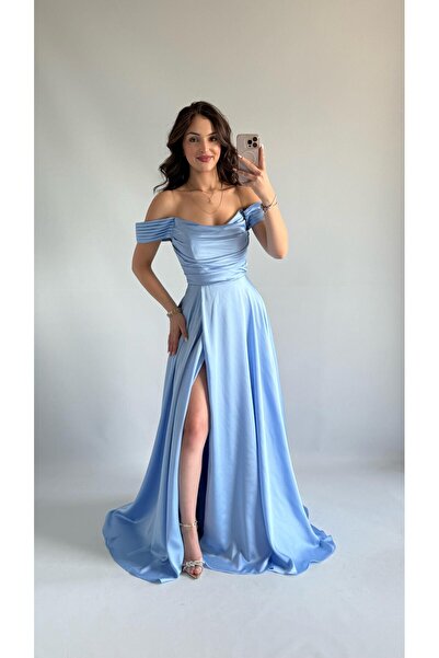 AYŞENUR DİNÇER Viola Saten Düşük Omuz Bebe Mavisi Abiye