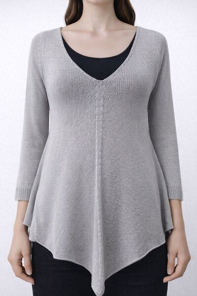 Neden Tekstil Gray V-Neck Asymmetrical Cut Tissue Skirt Knitwear Tunic Blouse