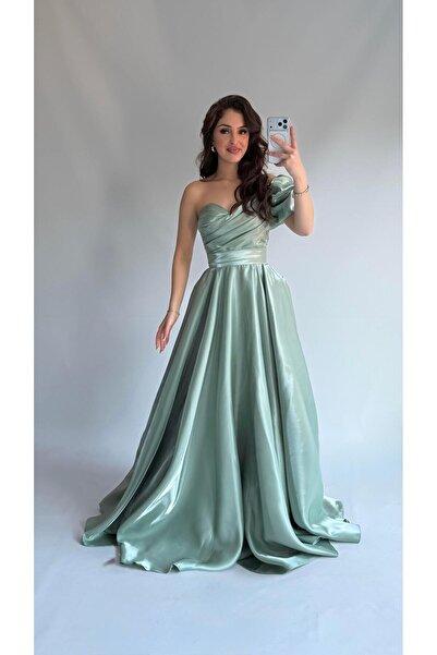 AYŞENUR DİNÇER Ophelia Satin Low Sleeve Mint Green Evening Dress
