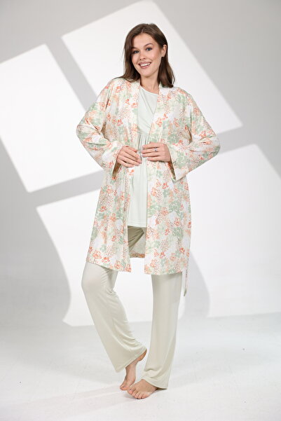 Rimel Homewear Mint Çiçekli 3'lü Hamile Lohusa Pijama Sabahlık Seti - Ayarlan...