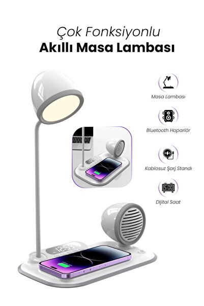 Kensa 4-in-1 Kablosuz Şarj Standı – iPhone & Android Uyumlu, Beyaz Masa Lamba...