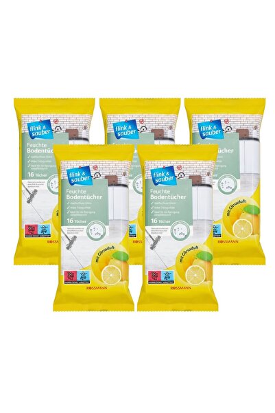 Flink Sauber مناديل أرضية مبللة برائحة الليمون 22×30 سم 16 قطعة (5 قطع)