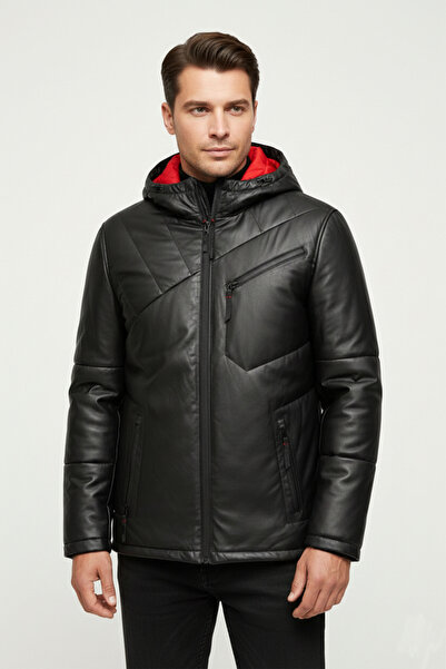 Deriderim Nova Black Hooded Men's Genuine Leather Puffer Coat
