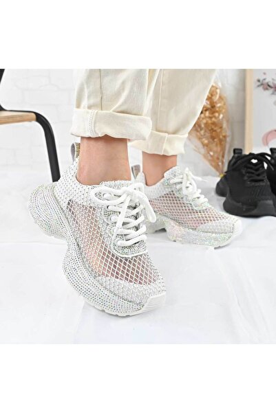 Tmall Pantofi sport pentru femei, cu plasă și pietre, D1469, albi