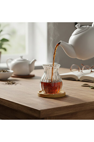 EVİST 6-Person Premium Crystal Glass Tea Set with Bamboo Plates - Luxury Pres...