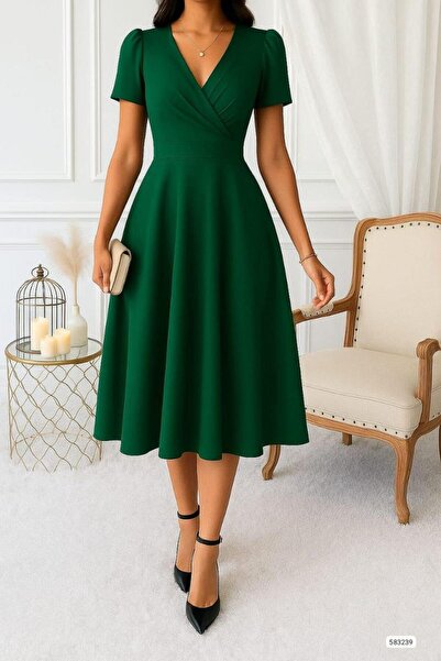 Modafeminen Σμαραγδένιο φόρεμα με λαιμόκοψη V σε στυλ πριγκίπισσας, μήκους mi...