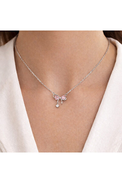 Sweet bunny Pink Stone Bowknot Detailed Steel Necklace – Elegant & Stylish De...