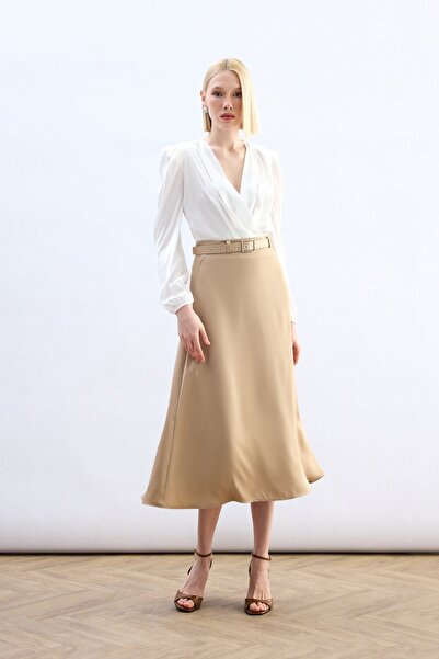 Sateen Belted Satin Skirt - Camel