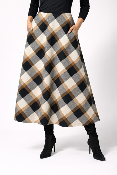 Gorgeaux Women's Beige Checkered Skirt – Cloche Pattern with Pockets and High...