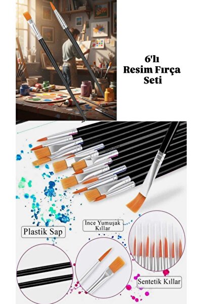 ÇEÇEN HOME 6'Lı Resim Fırça Seti Yassı Uç Fırça Seti, Sulu Boya Fırçası,Yağlı...