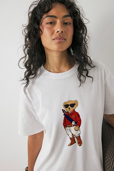 The Champ Clothing Tricou oversize pentru femei MILO Bear cu imprimeu alb – D...