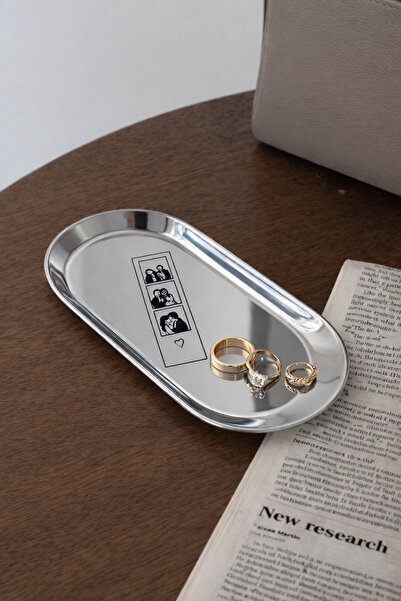 Beige & Stone صينية تقديم من الفولاذ المقاوم للصدأ باللون الفضي بنمط قصة حب، ...