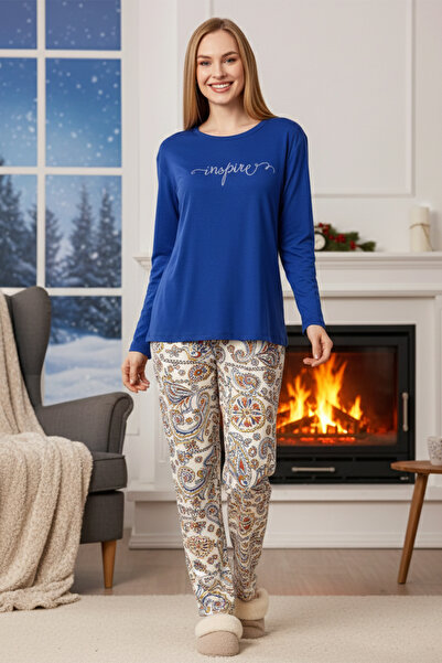 REMSA Women's Floral Patterned Saphire Pajama Set 0556 Blue01