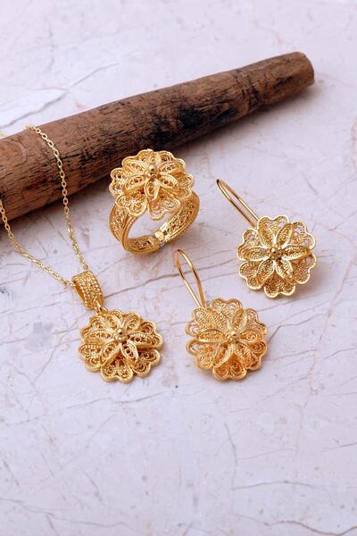 Sümer Telkari Telkari İşlemeli Elişi Papatya 925 Ayar Gümüş Set 2861