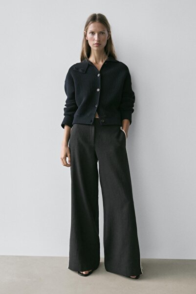 Massimo Dutti Kontrast şeritli keten pantolon