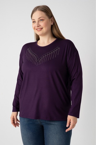 Orly More Viscose Fabric Mini Slit Stone Detailed Plus Size Long Sleeve Combe...