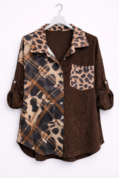günay boutıque Leopard Garnished, Detailed Design Oversize Shirt – Brown
