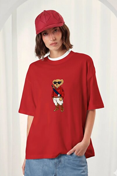 The Champ Clothing Kadın Oversize Tişört MILO Bear Baskılı Kırmızı – Bisiklet...