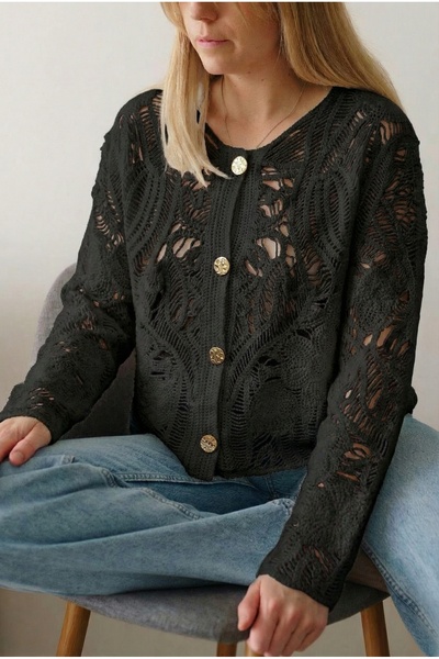 FEMELLE Black Crochet Cardigan with Buttons Standard Size