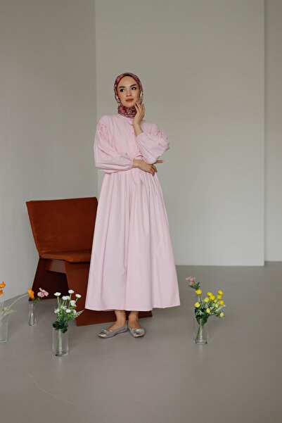 MOONSC Kadın Bel Bağlama İpli Kolu ve Eteği Pile Detaylı Tesettür Elbise