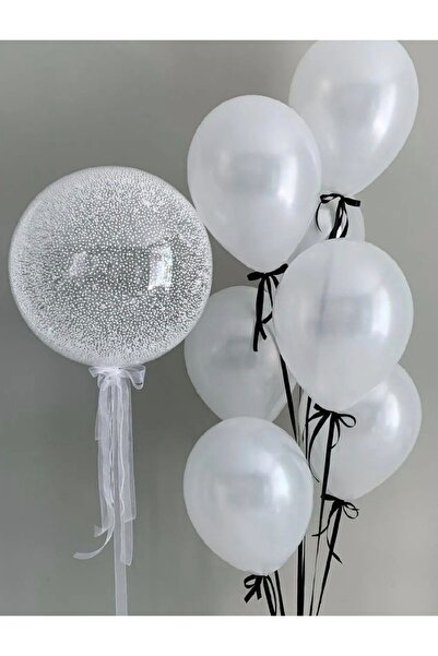 Çemrek Süs Parti مجموعة بالونات بيضاء شفافة 12 قطعة مع بالونات جامبو بوبو