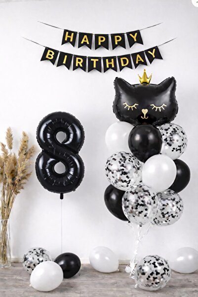 Patladı Gitti 8 Year Old Cat Themed Birthday Balloon Set – Black Concept