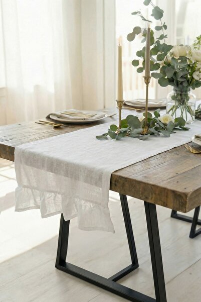 cotton maison Fırfırlı Tül Runner Keten Dokulu Retro 45x150 Cm Ekru