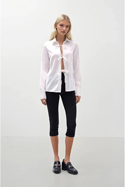 vuvutasarım Front Bow Detail Satin Woven Fabric Women's Shirt with Buttonless...