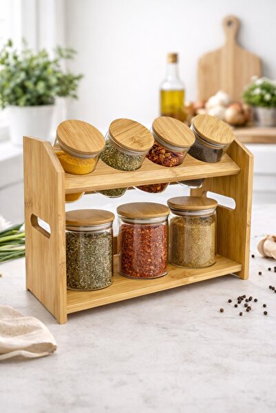 Tutku Home Bambu Standlı 7'li Cam Baharatlık