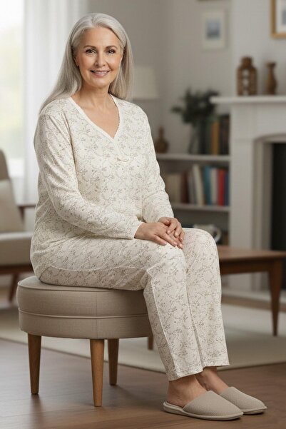 Niket Life Women's Patterned Piping Collar Long Sleeve Long Length Combed Cot...