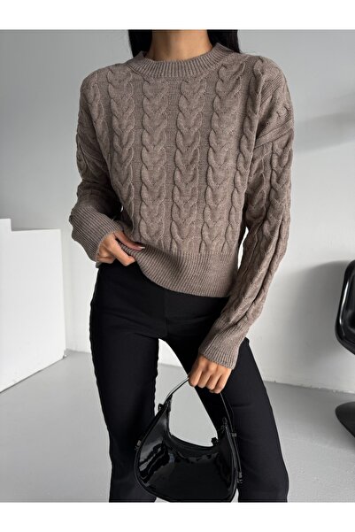 CuteLovesa Saç Örgü Desen Ara Boy Bisiklet Yaka Kadın Triko Kazak