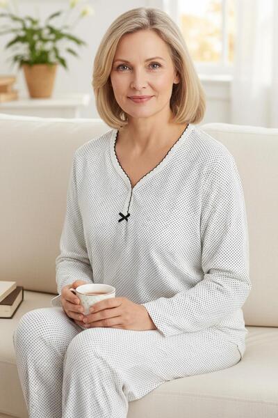 Niket Life Women's Patterned Piping Collar Long Sleeve Long Length Combed Cot...