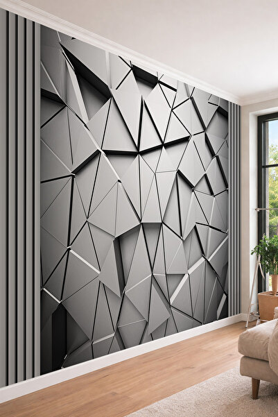 dreamwall 3D Gri Parametrik Üçgen Desenli Modern ve Fütüristik Tek Parça Teks...