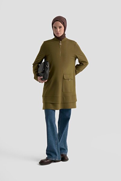 Armine TREND Yarım Fermuarlı Cebi Halka Detaylı Tunik Yağ Yeşili 25KT463