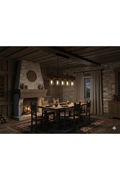 BİAVİZE AHŞAP TASARIM 5 Lİ BAL CAMLI SARKIT AVİZE