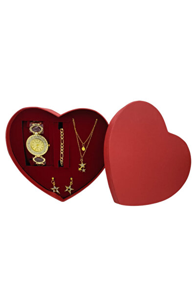 TEKMAKG Kadın Saat Takı Seti Taşlı Yıldız Kolye Küpe Altın Zincir Bileklik Ku...